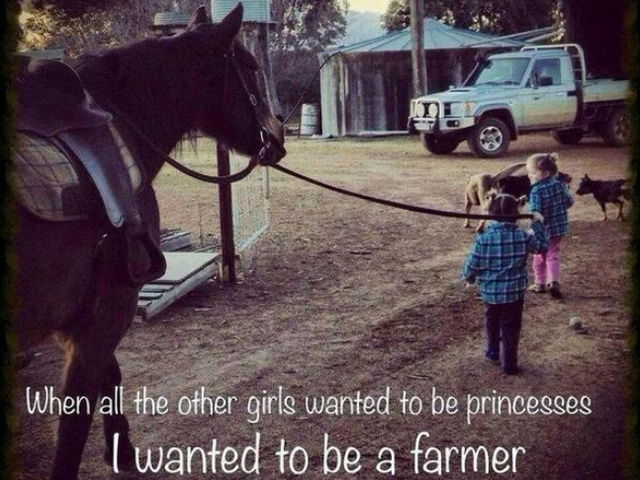 Two children leading a horse across a farmyard, overlaid with the caption about wanting to be a farmer.