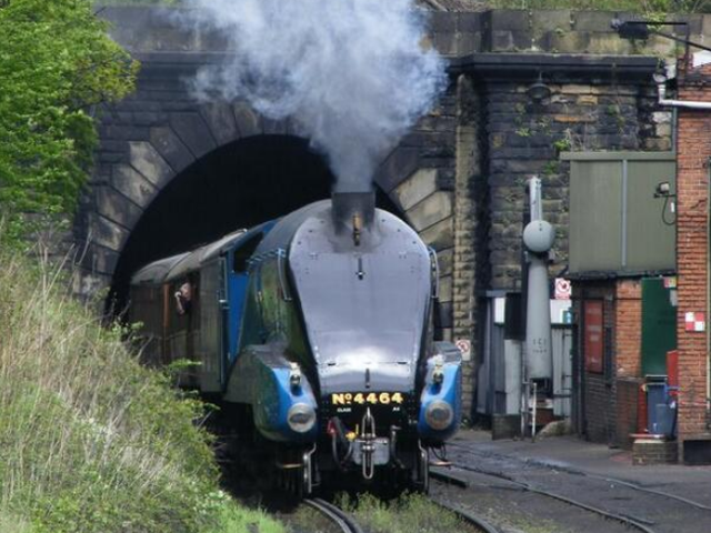 A blue steam locomotive emerging from a tunnel under a stone bridge, trailing thick white steam.