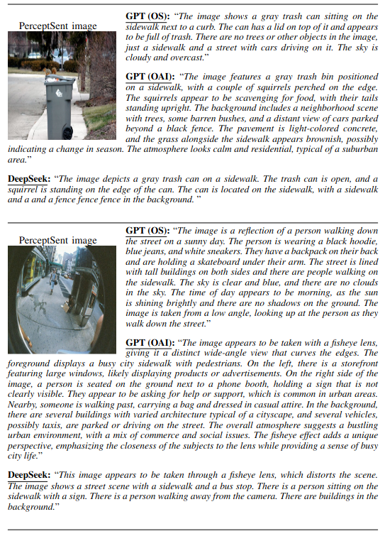 Two PerceptSent images alongside the descriptions produced for them by MiniGPT-4, GPT-4o mini and DeepSeek. GPT-4o mini's descriptions are longest and identify contextual detail the others miss.